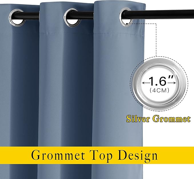 NICETOWN Bedroom Blackout 110 inch Curtains for Sliding Glass Door, Grommet Thermal Insulated Solid Window Treatments Sound Reducing for Living Room, W66 x L110, Stone Blue, Set of 2