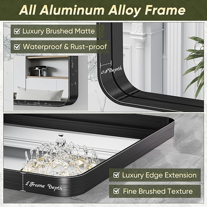 Suidia Bathroom Mirror, 72" x 32" Wall Mirror Metal Framed, Bathroom Vanity Mirror for Living Room Bedroom Bathroom Entryway, Black, Rounded Corner Style