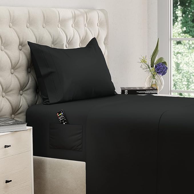 DREAMCARE Twin Sheets - 3pcs Cooling Sheets – up to 21” Extra Deep Pocket Twin Bed Sheets - Twin Sheet Set - Bed Sheets - Soft & Long Lasting 100% Fine Brushed Polyester with Side Pocket - Black