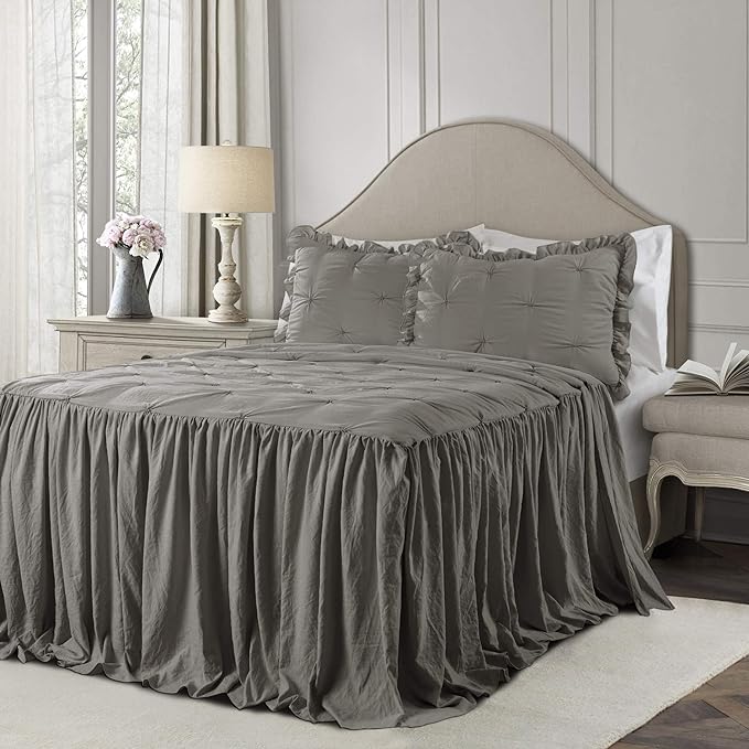 Lush Decor Ravello Pintuck Ruffle Skirt Bedspread Set - Luxe 2 Piece Ruffled Bedding Set - Traditional Glam & Farmhouse Inspired Bedroom Decor - Twin, Dark Gray