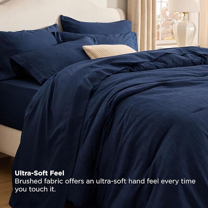 Bedsure Queen Comforter Set Navy - Bed in a Bag Queen Size Bedding 7 Pieces, Cationic Dyed Bed Set Gift for Family, Navy Soft Bedding for All Seasons Comforter with Sheets, Pillowcases & Shams