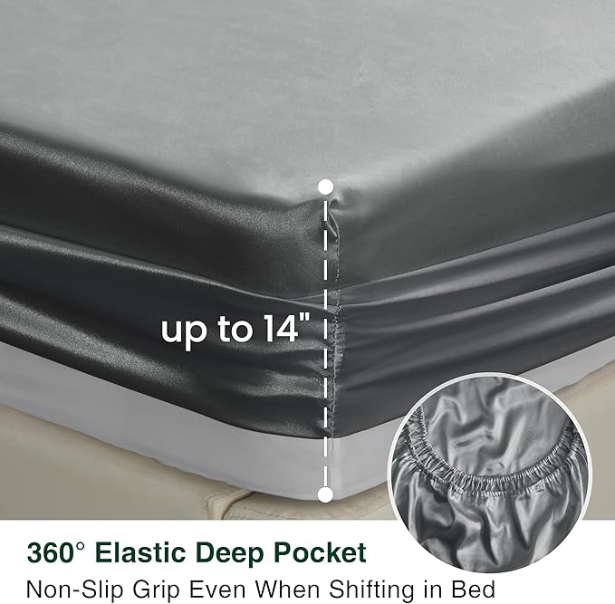 Love's cabin Full Size Satin Sheet Sets - 4 Piece Dark Grey Silky Sheet with Deep Pocket, Luxury Silk Feel Satin Bed Sheets Full Bedding Set (1 Flat Sheet,1 Fitted Sheet,2 Pillow Cases)