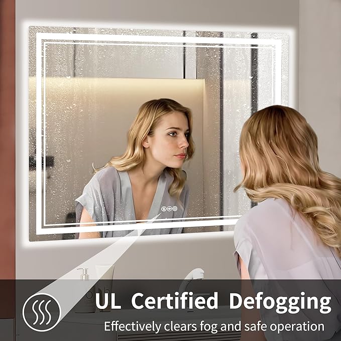 40‘’x30'' Lighted Mirrors for Bathroom Wall Backlit + Front Lit, Rectangular LED Bathroom Mirror Frameless with Lights Anti Fog, Dimmable, 3 Colors,Tempered Glass, Shatter-Proof