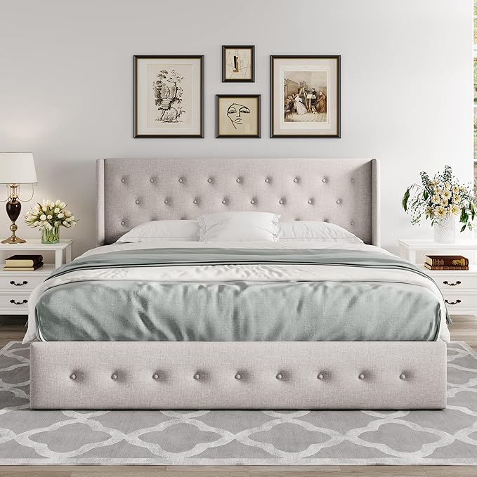 Allewie Queen Size Lift Up Storage Bed, Button Tufted Headboard with Wingback, Hydraulic Support, No Box Spring Needed, Light Beige