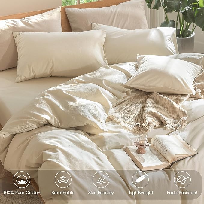 MooMee Bedding Duvet Cover Set 100% Washed Cotton Linen Like Textured Breathable Durable Soft Comfy (Heathered Almond Milk Grey, Super King Plus 120"x120")