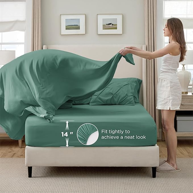Bedsure Full Size Comforter Sets - Bedding Sets Full 7 Pieces, Pintuck Bed in a Bag Graysih Green Bed Set with Comforter, Sheets, Pillowcases & Shams