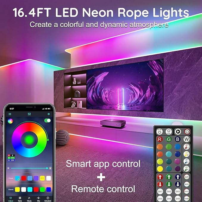50FT Neon Rope Lights,Flexible Led Rope Lights Control with App/Remote,Multiple Modes Rope Lights,IP65 Outdoor RGB Led Neons Light Waterproof