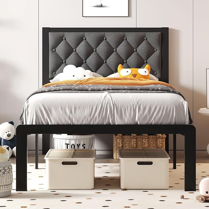 Twin Bed Frame with Headboard Linen Upholstered Bed Frame Platform,All Metal Slats Support Platform Bed Frame with Storage Space,Easy Assembly,Noise Free,No Box Spring Needed,Grey