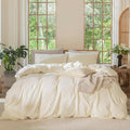 MooMee Bedding Duvet Cover Set 100% Washed Cotton Linen Like Textured Breathable Durable Soft Comfy (Solid Cream White, Super King 108"x98")