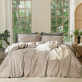 MooMee Bedding Duvet Cover Set 100% Washed Cotton Linen Like Textured Breathable Durable Soft Comfy (Heathered Taupe, Palatial King/Oversized King 120"x98")