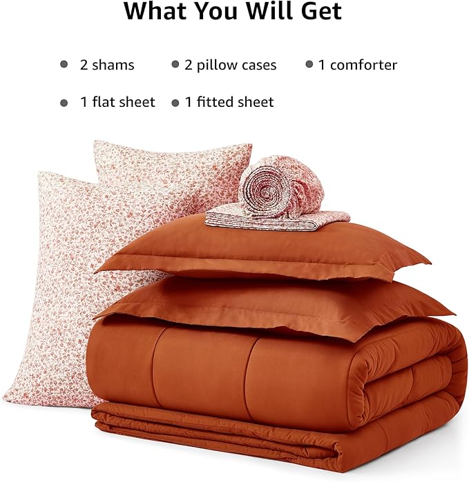 Monbix King Size Comforter Set - 7 Pieces Bed in a Bag King, Burnt Orange Track Stitching Bedding Sets, All Seasons Down Alternative Comforter Bed Set with Sheets