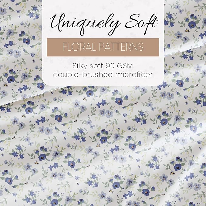 Linen Market Double-Brushed Patterned Microfiber Full Sheet Set 4 Piece – Oeko-TEX Certified Ultra Soft & Wrinkle-Free - 16" Deep Pocket Sheets - Easy Care Full Size - Blossoms Light Blue