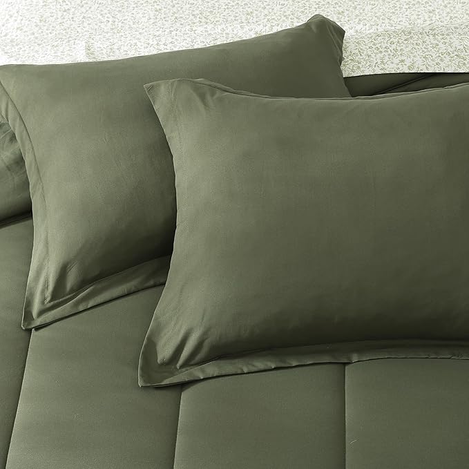Monbix Full Comforter Set - 7 Pieces Olive Green Bed in a Bag Full Size Track Stitching Bedding Sets, All Seasons Down Alternative Comforter with Sheets,Pillowcases & Shams