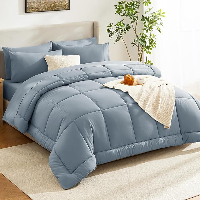 CozyLux Queen Comforter Set Grayish Blue, 7 Pieces Bed in a Bag, Blue Comforter Queen Size, All Season Bedding Sets with Stitch Quilted Comforter, Flat Sheet, Fitted Sheet, Pillowcases