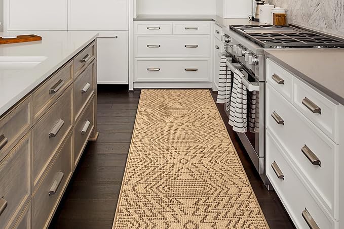 Custom Length Cut to Size Tribal Ethnic Southwestern Inspired Hallway Runner Rug, Non Slip Rubber Backed, 31 inch Wide X Customized Length, Inca Tan, 31 inch X 21 feet