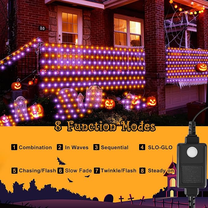 HYH Halloween Net Lights,360 LED 12FT x 5FT Halloween Decor Fairy Orange&Purple with 8 Modes String Connectable Waterproof Outdoor Lights,Hanging Light for Indoor Party Yard Garden Bushes Decorations