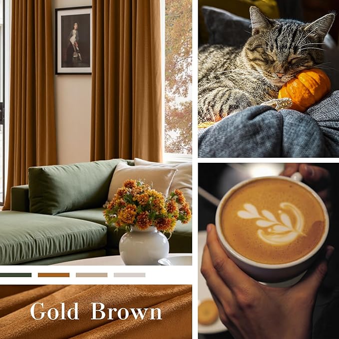 Lazzzy Velvet Blackout Curtains Thermal Insulated Room Window Drapes Super Soft Luxury Curtains for Living Room Bedroom Rod Pocket 2 Panels, Gold Brown, 52" W x 102" L