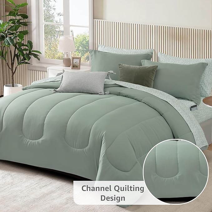 Monbix King Size Comforter Set - 7 Pieces Bed in a Bag King, Sage Green Track Stitching Bedding Sets, All Seasons Down Alternative Bed Set with Sheets, Pillowcases & Shams