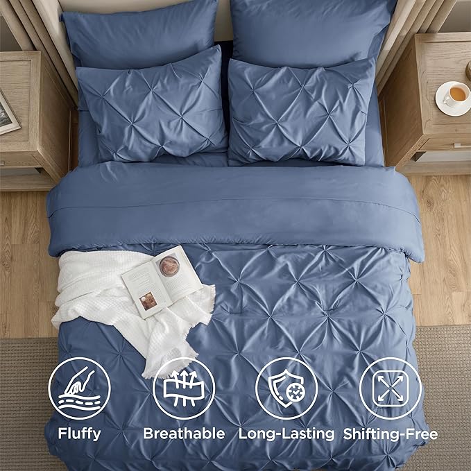Bedsure Full Comforter Set Slate Blue - Bed in a Bag Full Size Bedding Set 7 Pieces, GentleSoft™ Pintuck Bed Set Gift for Family, Pinch Pleat All Season Comforter with Sheets, Pillowcases & Shams