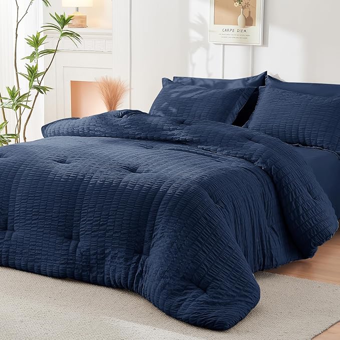HYMOKEGE Navy Blue Twin Comforter Set Seersucker 5 Pieces, All Season Luxury Bed in a Bag for Bedroom, Bedding Set with Comforters, Sheets, Pillowcase & Sham