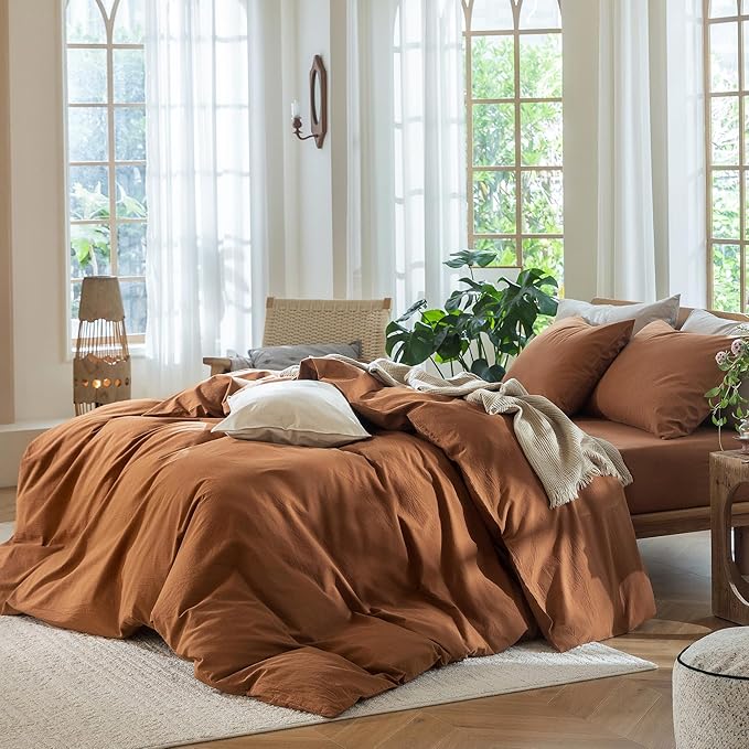 MooMee Bedding Duvet Cover Set 100% Washed Cotton Linen Like Textured Breathable Durable Soft Comfy (Solid Dark Orange, Palatial King/Oversized King 120"x98")