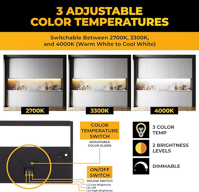 LED Under Cabinet Lighting Hardwired - 3CCT 12 Inch Black Finish - Undercabinet Lights for Kitchen - Linkable Undercounter Dimmable Plug in Light or Hard Wired - Under Counter Fixture Direct Wire