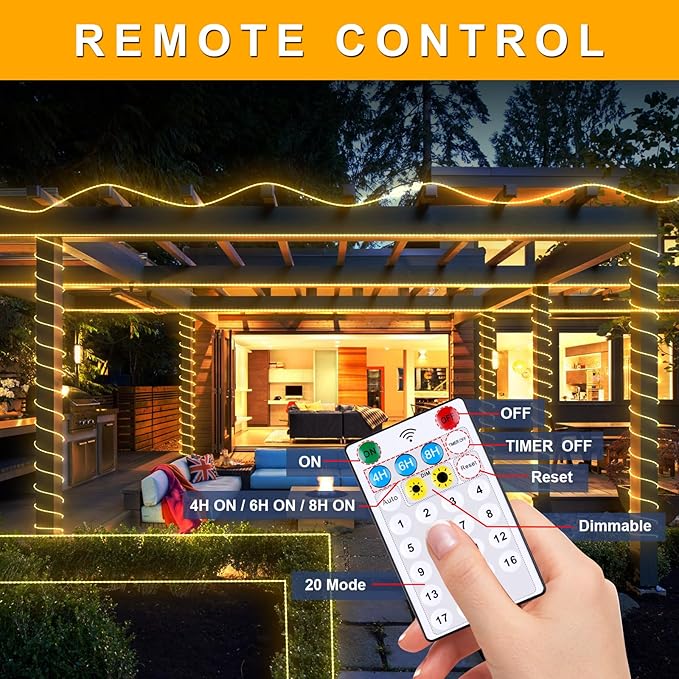 OMIKA 50ft 600 LEDs Solar Rope Lights, USB Charging, 20 Lighting Modes, Dimmable Timer Remote Control, IP68 Waterproof for Outdoor Trees, Parties, Gardens, Weddings, Christmas Decorations