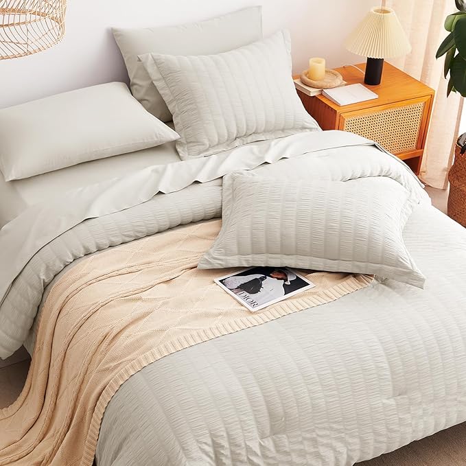 CozyLux California King Comforter Set with Sheets 7 Pieces, Beige Seersucker Bed in a Bag Cal King Luxury Soft Bedding Sets with Down Alternative Comforter, Sheets, Pillowcases & Shams for All Season