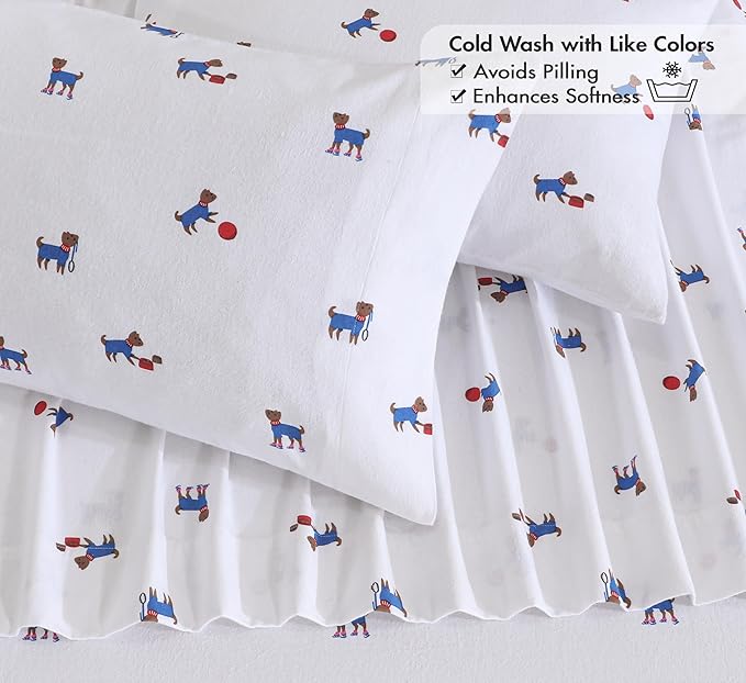 RUVANTI Flannel Sheets Full Size - 100% Cotton Double Brushed Bed Sheets Set, Deep Pockets 16 Inches, All Seasons Breathable & Extra Soft Full Sheets, Warm & Cozy, 4 Piece, Puppy Playoff
