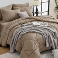 HEVUMYI Khaki Queen Comforter Set - 7-Piece All Season Bed in a Bag Queen, Ultra Soft Bedding Set with Comforter, Flat Sheet, Fitted Sheet, Pillowcases, Pillow Shams
