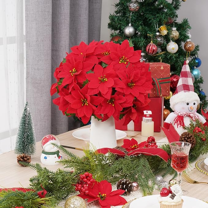 8 Pack Poinsettia Flowers Artificial Christmas Decorations, Red Poinsettia Flowers for Christmas Tree, Velvet Poinsettias Artificial Flowers for Xmas Decor DIY for Home Vase Indoor Outdoor Garden