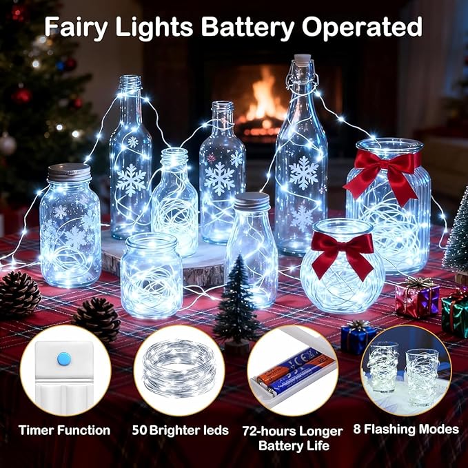 ZNYCYE 50 LED Fairy Lights with Timer, 6 Pack 8.2Ft 8 Modes Battery Operated Fairy Lights, Mini Led String Lights for DIY Wedding Bedroom Mason Jar Vases Table Party Christmas Decoration (Cool White)
