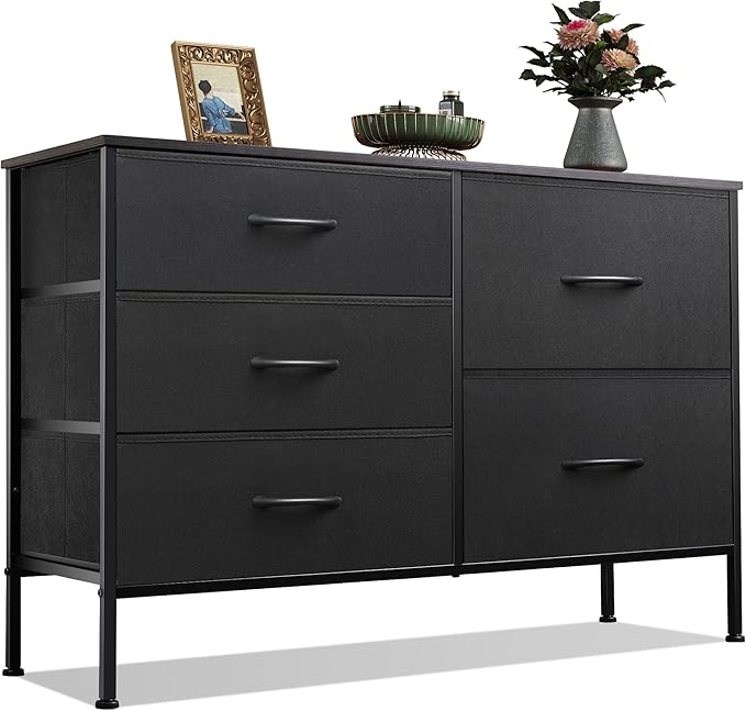 WLIVE Dresser for Bedroom with 5 Drawers, Wide Bedroom Dressers with Drawer Organizers, Chest of Drawers, Fabric Dresser for Living Room, Closet, Hallway, Charcoal Black