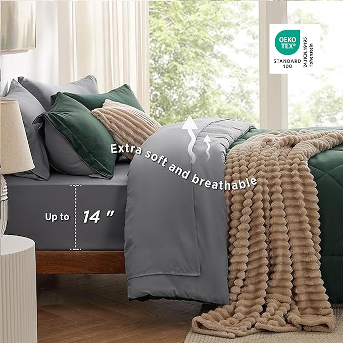 Bedsure Twin Comforter Set - 5 Pieces Reversible Forest Green Bedding, Twin Size Bed Set for All Seasons, Bed in a Bag with Down Alternative Comforter, Sheets, Pillowcase & Sham