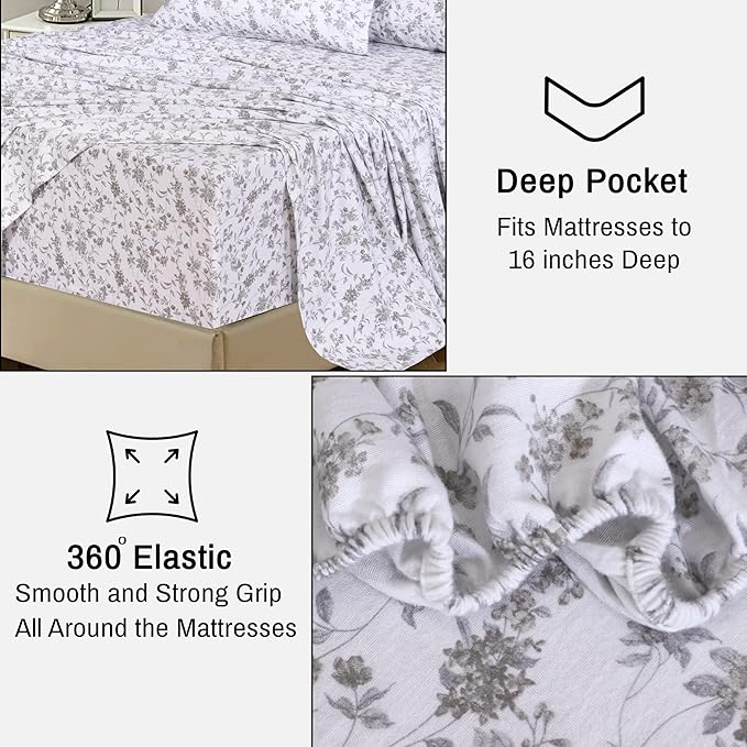 RUVANTI Flannel Sheets Full Size - 100% Cotton Double Brushed Bed Sheets Set, Deep Pockets 16 Inches, All Seasons Breathable & Extra Soft Full Sheets, Warm & Cozy, 4 Piece, Vintage Flora