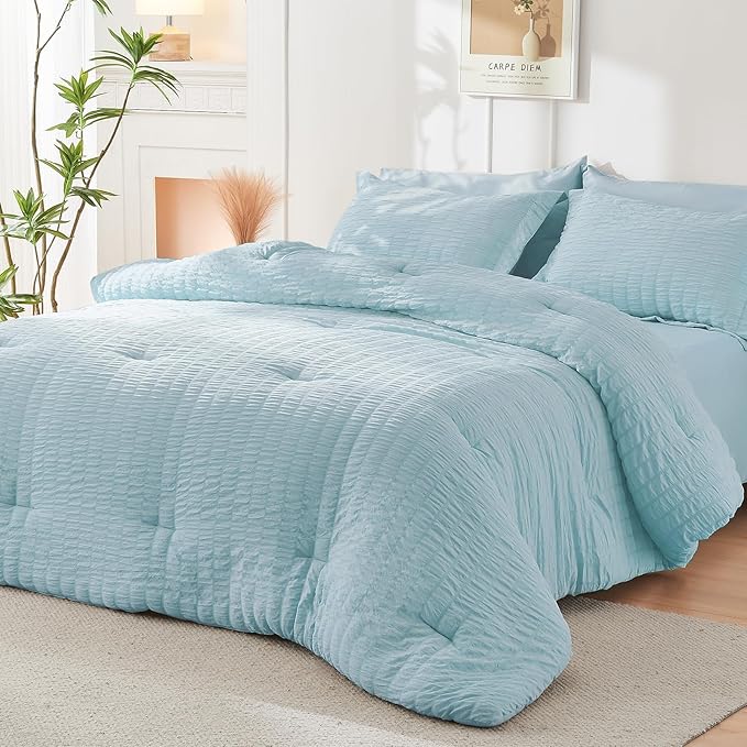 HYMOKEGE Lake Blue California King Comforter Set Seersucker 7 Pieces, All Season Luxury Bed in a Bag for Bedroom, Bedding Set with Comforters, Sheets, Pillowcases & Shams