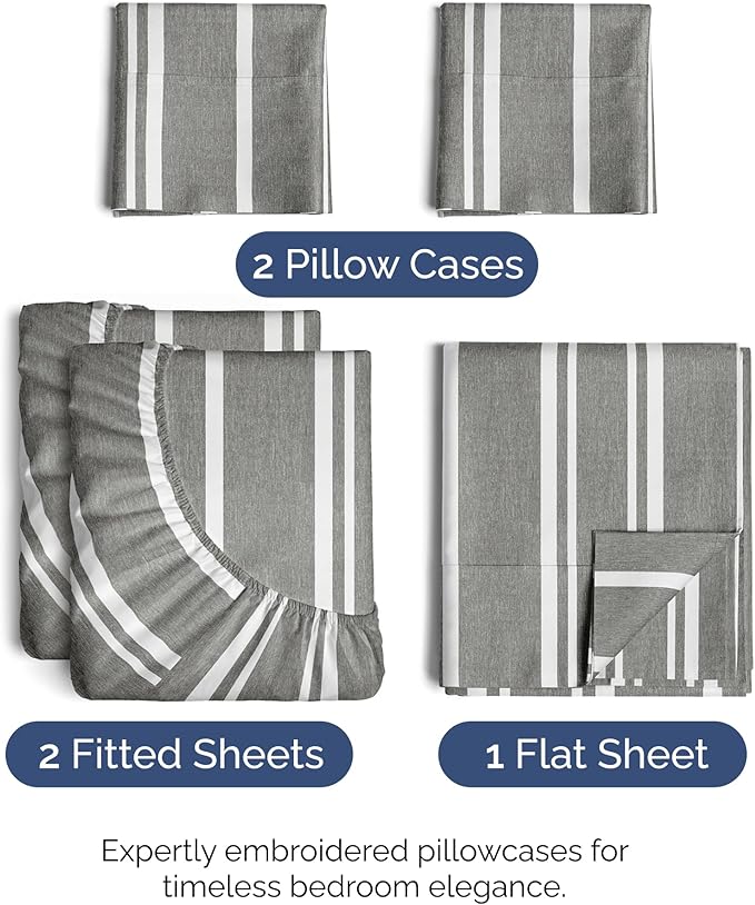 Split King Size 5 Piece Sheet Set - Comfy Breathable & Cooling Bed Sheets Set - Hotel Luxury Bedding for Women, Men, Kids, Teens, Boys & Girls - Deep Pockets & Wrinkle Free - Oeko-Tex - Grey Stripes 3