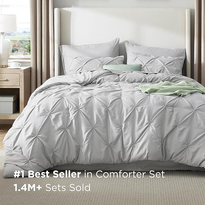 Bedsure Twin XL Comforter Set - Extra Long 5 Pieces Dorm Bedding Sets, GentleSoft™ Pinch Pleat Light Grey Bed in a Bag with Pintuck Comforter, Sheets, Pillowcase & Sham