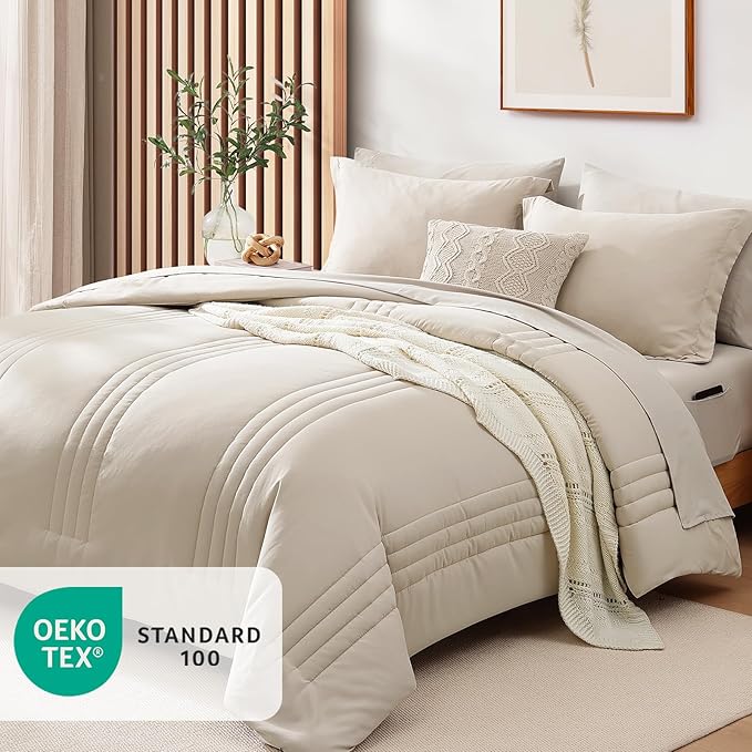 Monbix Twin XL Size Comforter Set - Extra Long 5 Pieces Dorm Bedding Sets, Quilting Design Fluffy Bed in a Bag Twin XL with Sheets, Pillowcase & Sham(Apricot Beige)