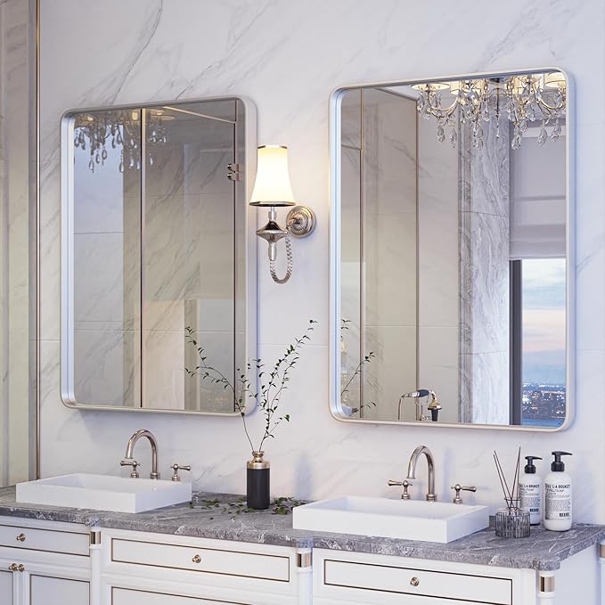 ISKM Brushed Silver Mirror for Bathroom, 24 x 36 Inch Wall Mounted Vanity Mirror, Non-Rusting Stainless Steel Metal Framed Mirror (Horizontal/Vertical)