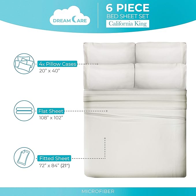 DREAMCARE California King Sheet Sets – 6 pcs Cooling Bed Sheets – up to 21” Deep Cal King Sheets – 2500 Supreme Collection – Extra Soft 100% Brushed Microfiber Hotel Luxury with Side Pocket – Ivory