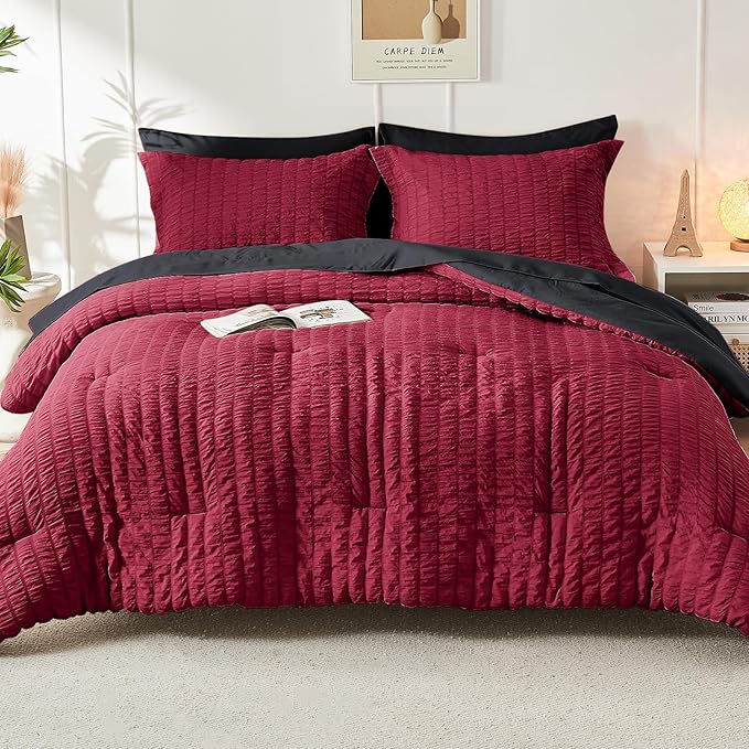 HYMOKEGE Red & Black Twin Comforter Set Seersucker 5 Pieces, All Season Luxury Bed in a Bag for Bedroom, Bedding Set with Comforters, Sheets, Pillowcase & Sham