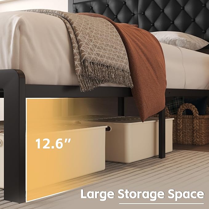 Queen Bed Frame with Headboard PU Leather Upholstered Bed Frame Platform,All Metal Slats Support Platform Bed Frame with Storage Space,Easy Assembly,Noise Free,No Box Spring Needed,Black