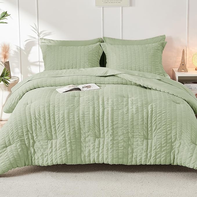HYMOKEGE Light Green Full Size Comforter Sets Seersucker 7 Pieces, All Season Luxury Bed in a Bag for Bedroom, Bedding Set with Comforters, Sheets, Pillowcases & Shams