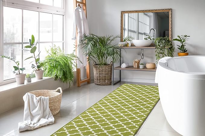 Custom Size Moroccan Trellis Runner Rug Mat for Wide Hallway Entryway Kitchen Laundry Room with Slip Resistant Latex Rubber Backing, Trellis Green, 31 inch X 12 feet