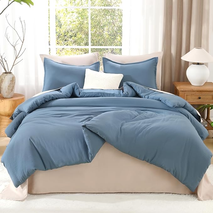 Litanika Comforters Grayish Blue Oversized Queen Size, 3 Pieces Lightweight Solid Bedding Comforter Set, All Season Fluffy Bed Set (98x98In Comforter & 2 Pillowcases)