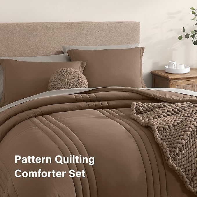 Monbix Queen Comforter Set - 7 Pieces Raw Umber Bed in a Bag Queen Bedding Sets with Comforters, All Seasons Down Alternative Comforter Bed Set with Sheets,Pillowcases & Shams