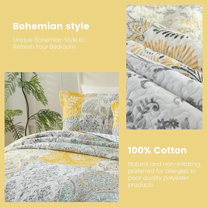 Secgo Queen Comforter Set for Bed - 100% Cotton Quilts Queen Size, Black Bedspreads (90 * 98 Inch) with 2 Pillow Shams, Patchwork Reversible Lightweight Bedding