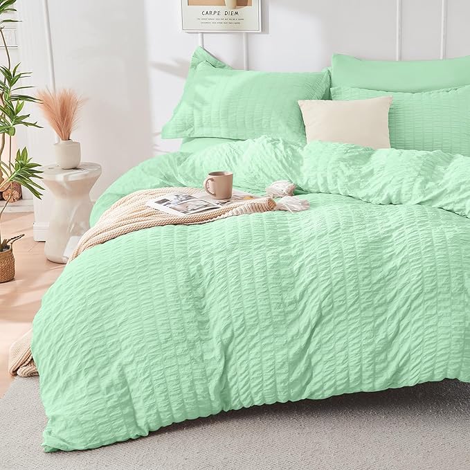 HYMOKEGE Mint Green California King Comforter Set Seersucker 7 Pieces, All Season Luxury Bed in a Bag for Bedroom, Bedding Set with Comforter, Sheets, Pillowcases & Shams