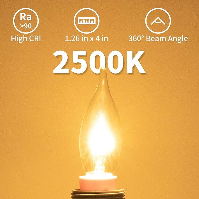 12-Pack E12 Candle Light Bulbs 40W Warm White 2500K, 380 Lumen Dimmable Chandelier Light Bulbs for Ceiling Fan, Pendants or Outdoor, CA10 Clear Candelabra Base Bulbs